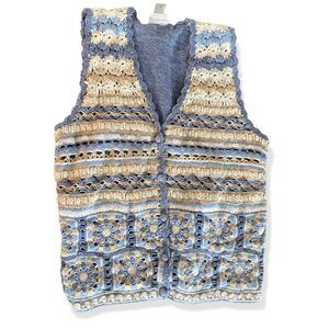 Vintage Blue Beige Crochet Knit Grandmacore Sweater Vest Ramie Cotton Medium